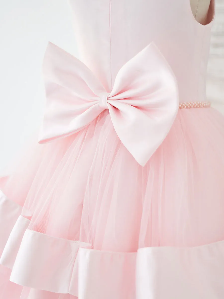 New Jewel Neck Sleeveless Sash Pink Kids Party Dresses