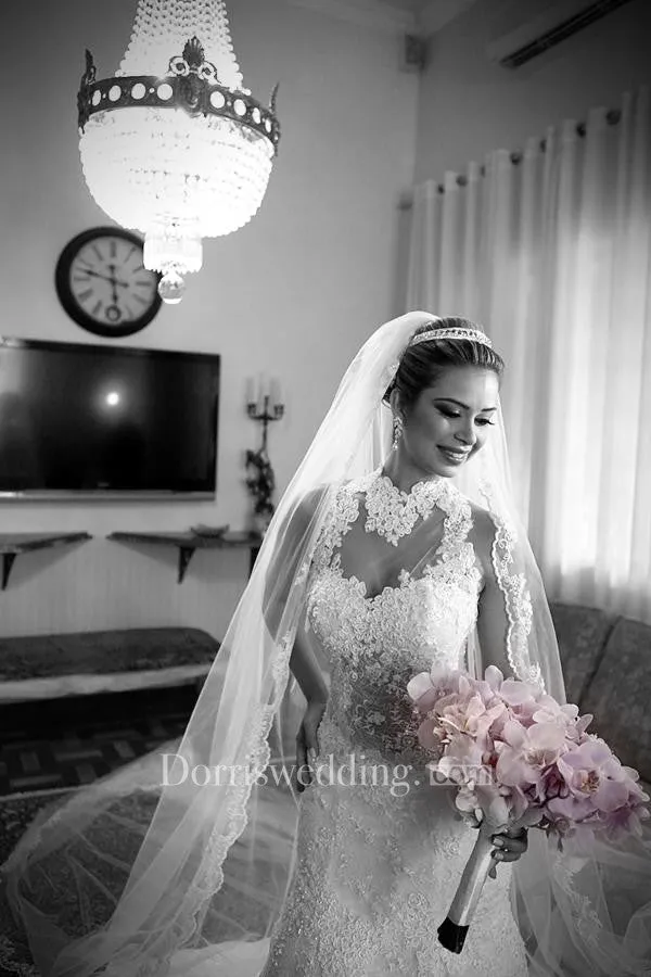Newest High Neck Mermaid Wedding Dress 2018 Lace Appliques Court Train