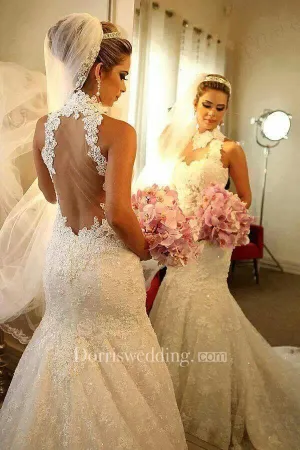 Newest High Neck Mermaid Wedding Dress 2018 Lace Appliques Court Train