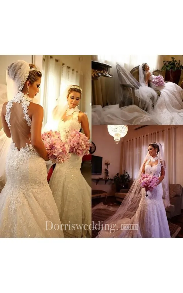 Newest High Neck Mermaid Wedding Dress 2018 Lace Appliques Court Train