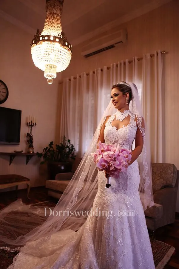Newest High Neck Mermaid Wedding Dress 2018 Lace Appliques Court Train