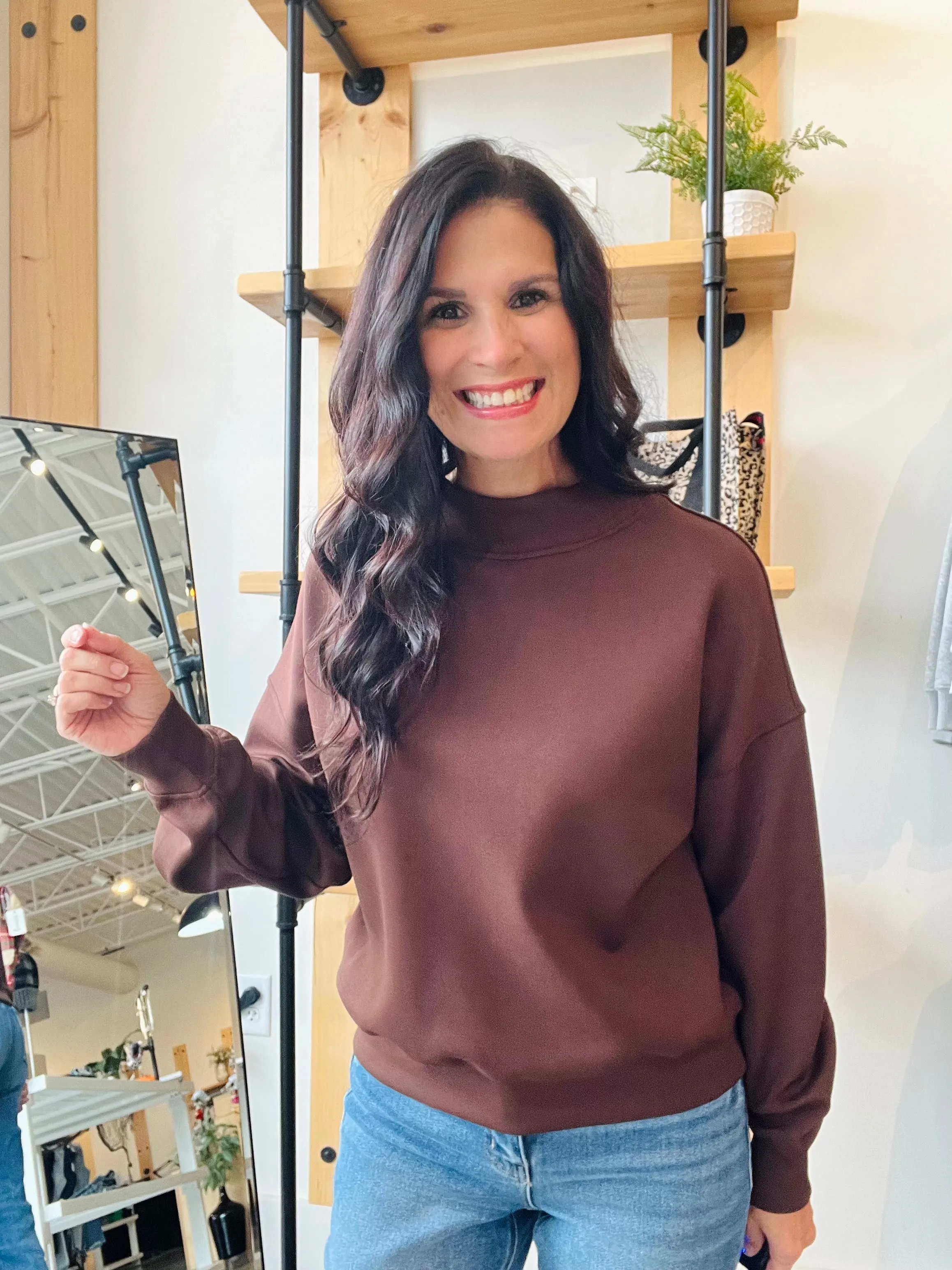 Notched Mock Neck Scuba Pullover in Espresso
