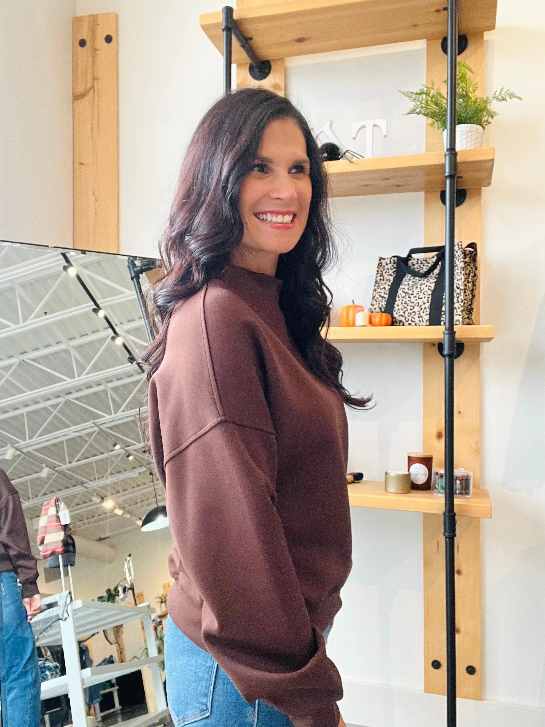 Notched Mock Neck Scuba Pullover in Espresso