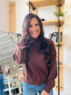 Notched Mock Neck Scuba Pullover in Espresso