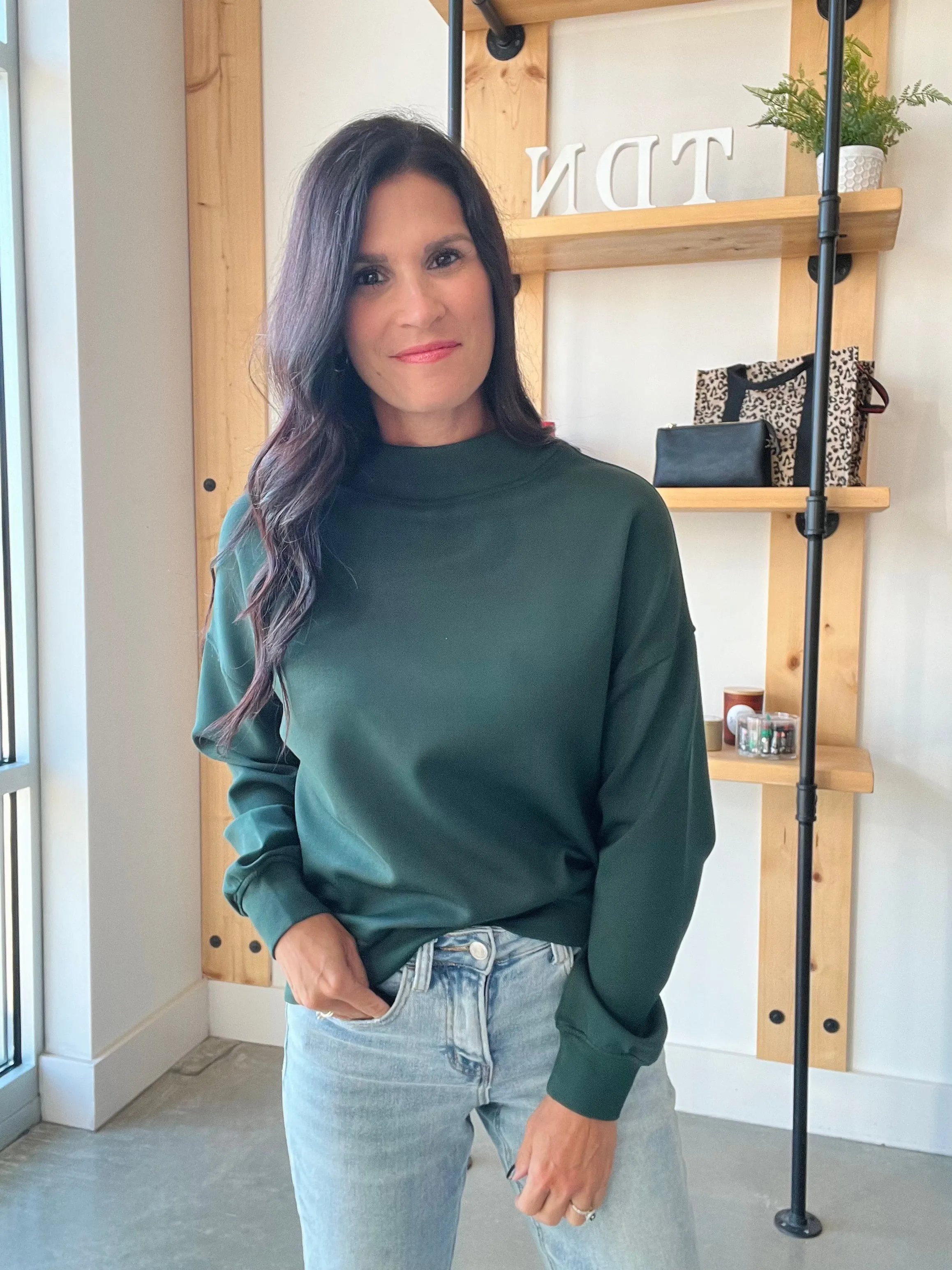 Notched Mock Neck Scuba Pullover in Hunter Green