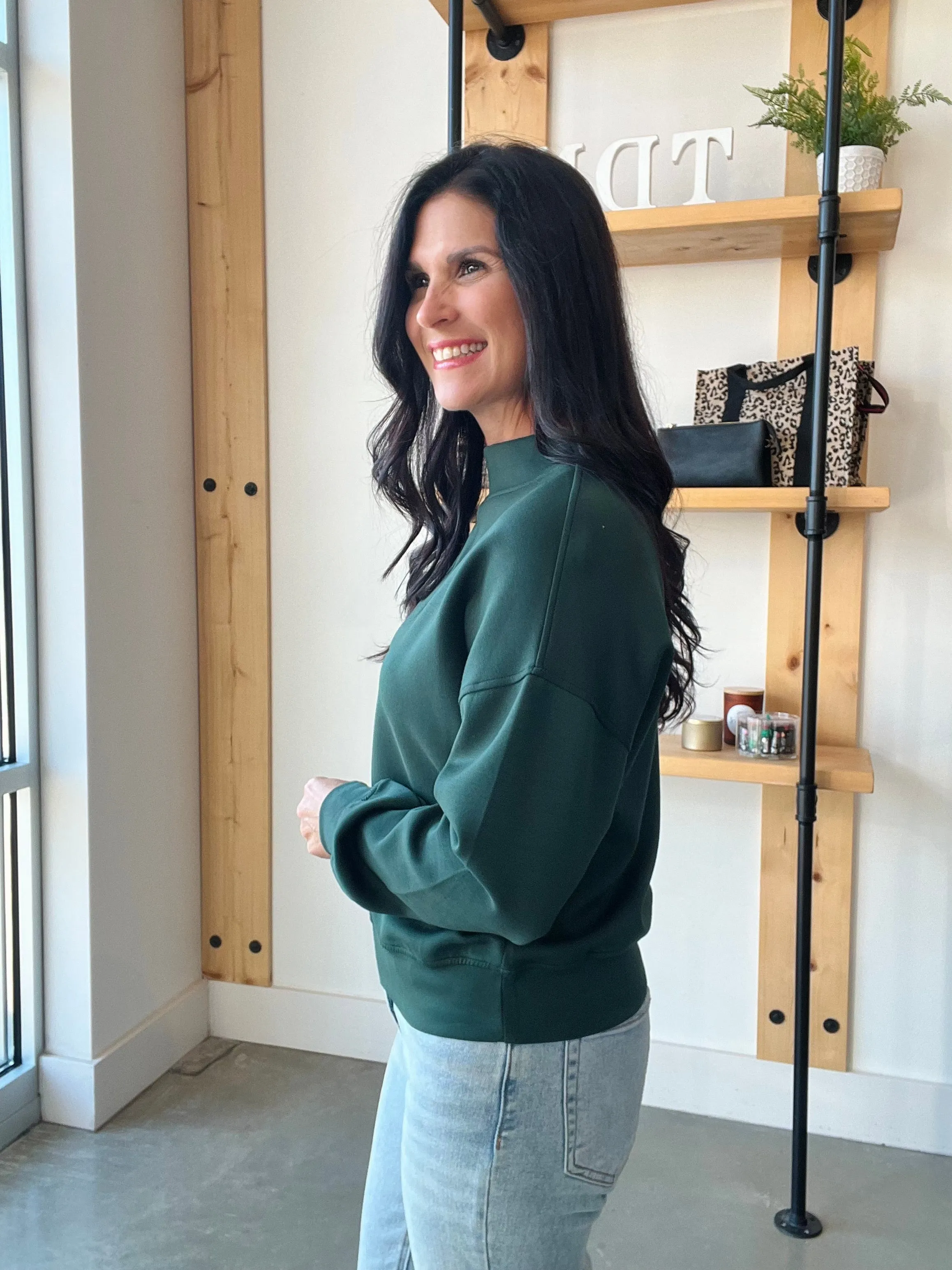 Notched Mock Neck Scuba Pullover in Hunter Green