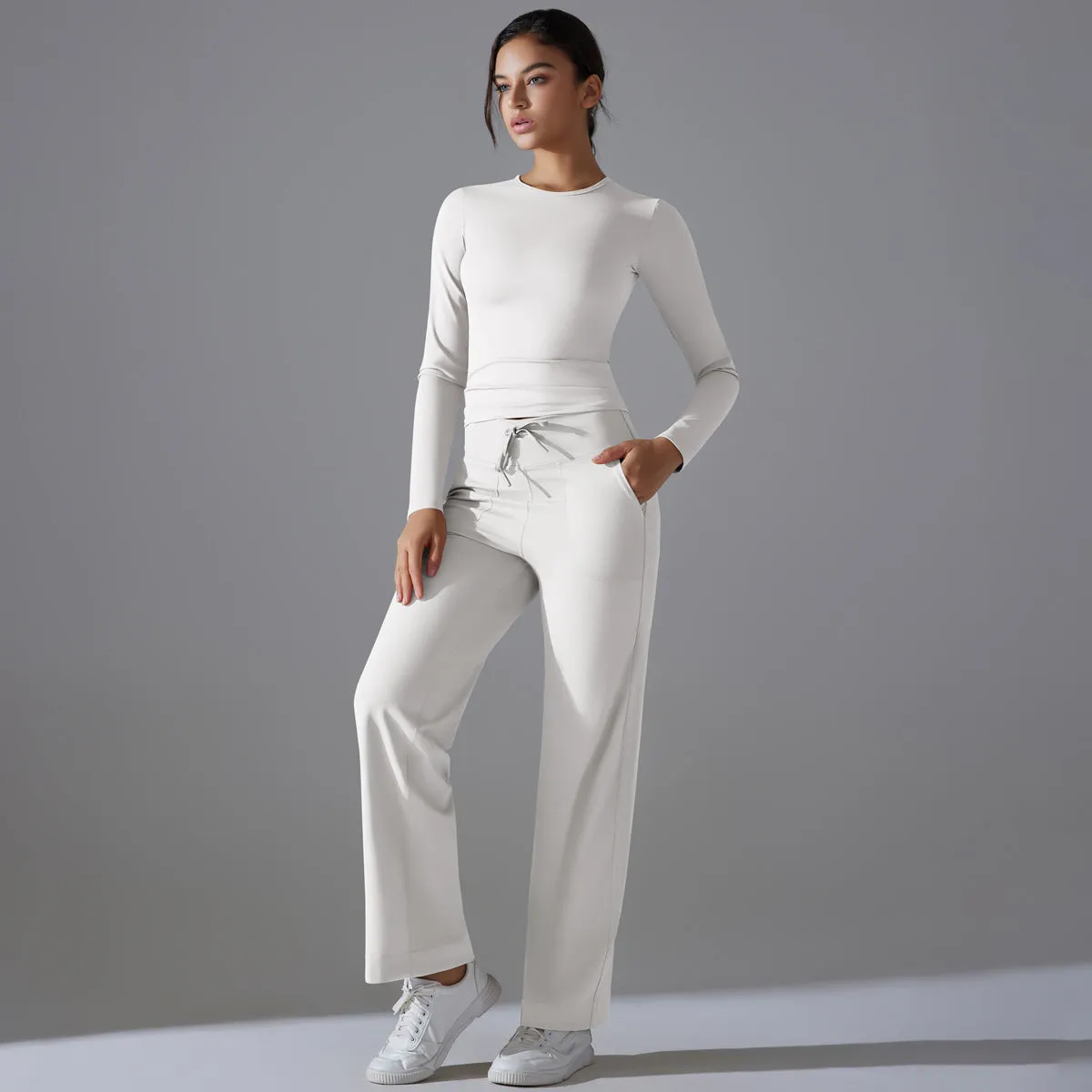 Nude Feel Long Sleeve Drawstring Wide Leg Pants Set