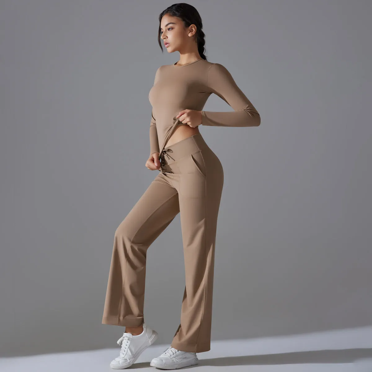 Nude Feel Long Sleeve Drawstring Wide Leg Pants Set