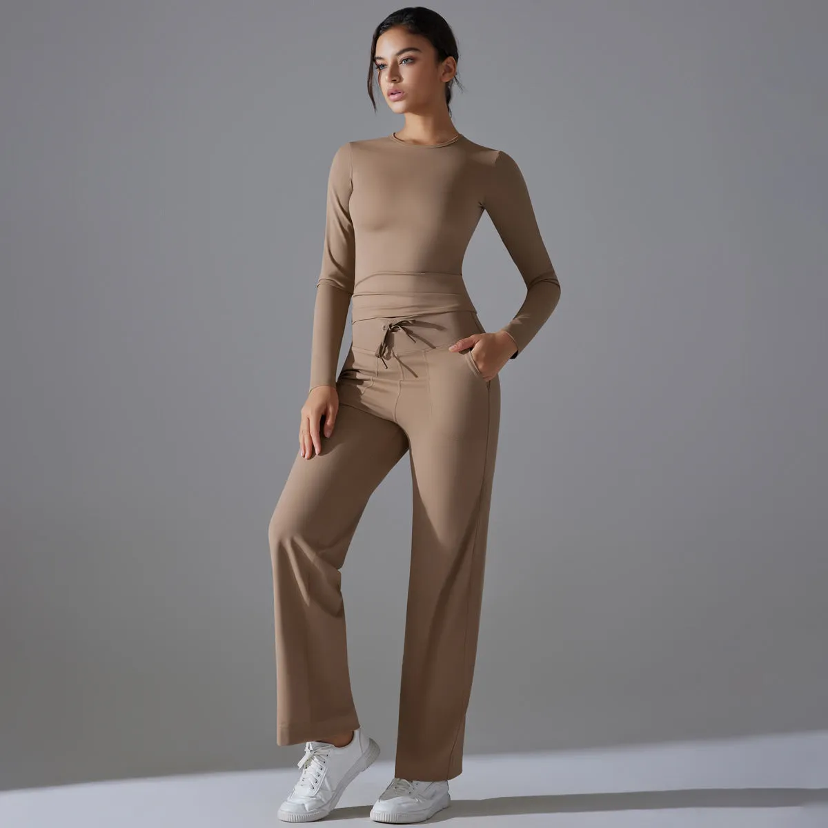 Nude Feel Long Sleeve Drawstring Wide Leg Pants Set