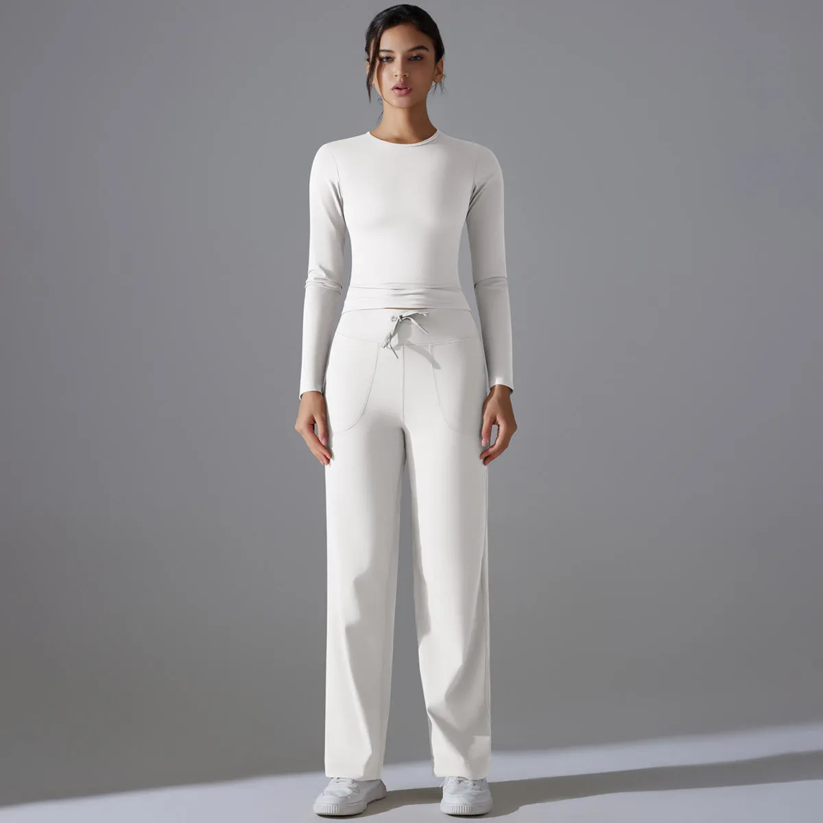 Nude Feel Long Sleeve Drawstring Wide Leg Pants Set