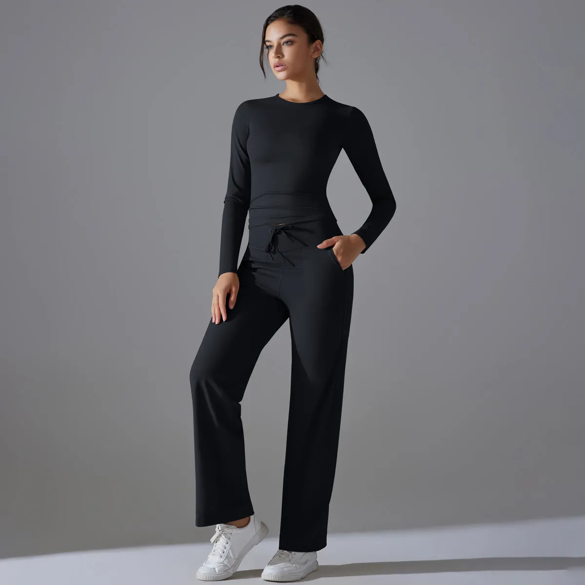 Nude Feel Long Sleeve Drawstring Wide Leg Pants Set
