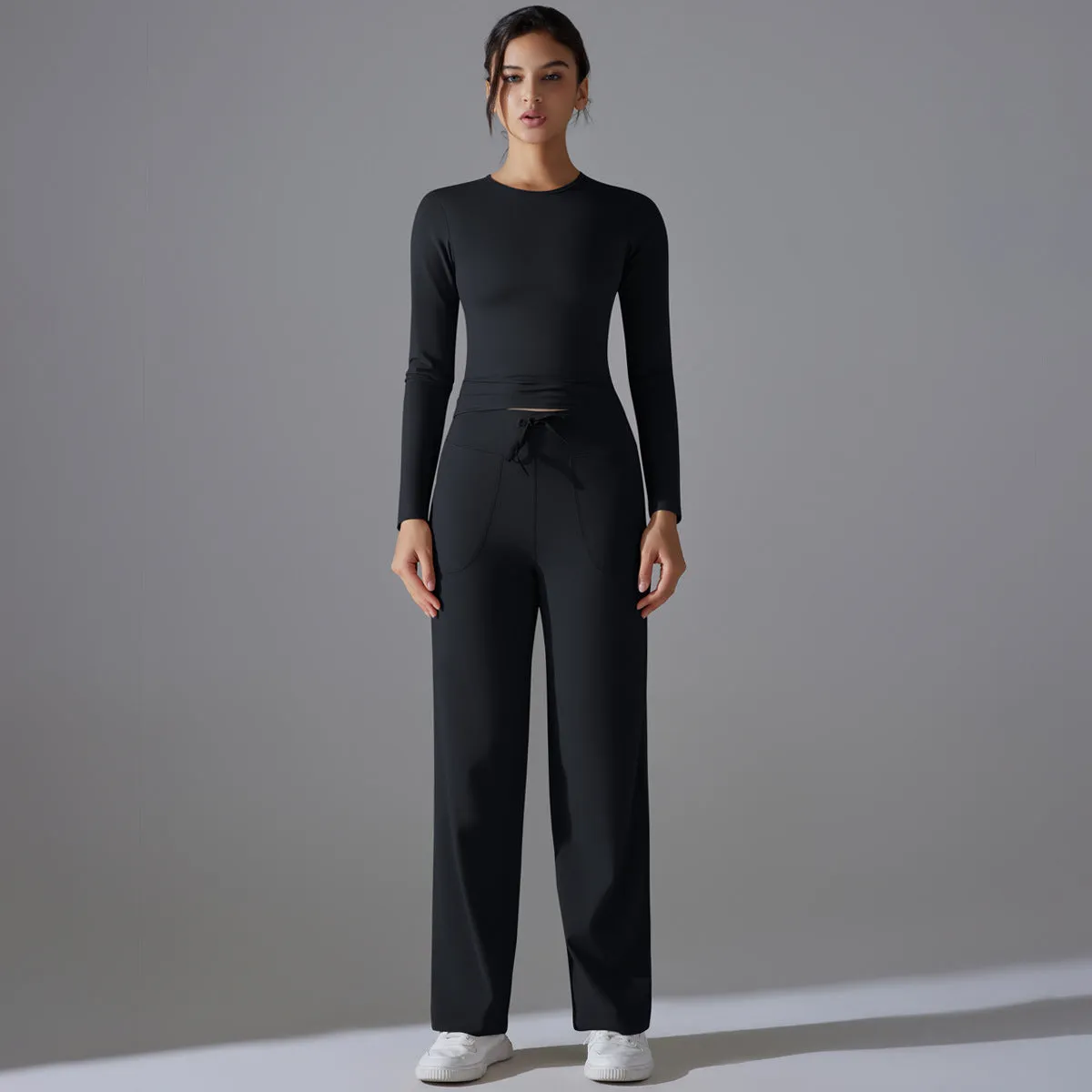 Nude Feel Long Sleeve Drawstring Wide Leg Pants Set