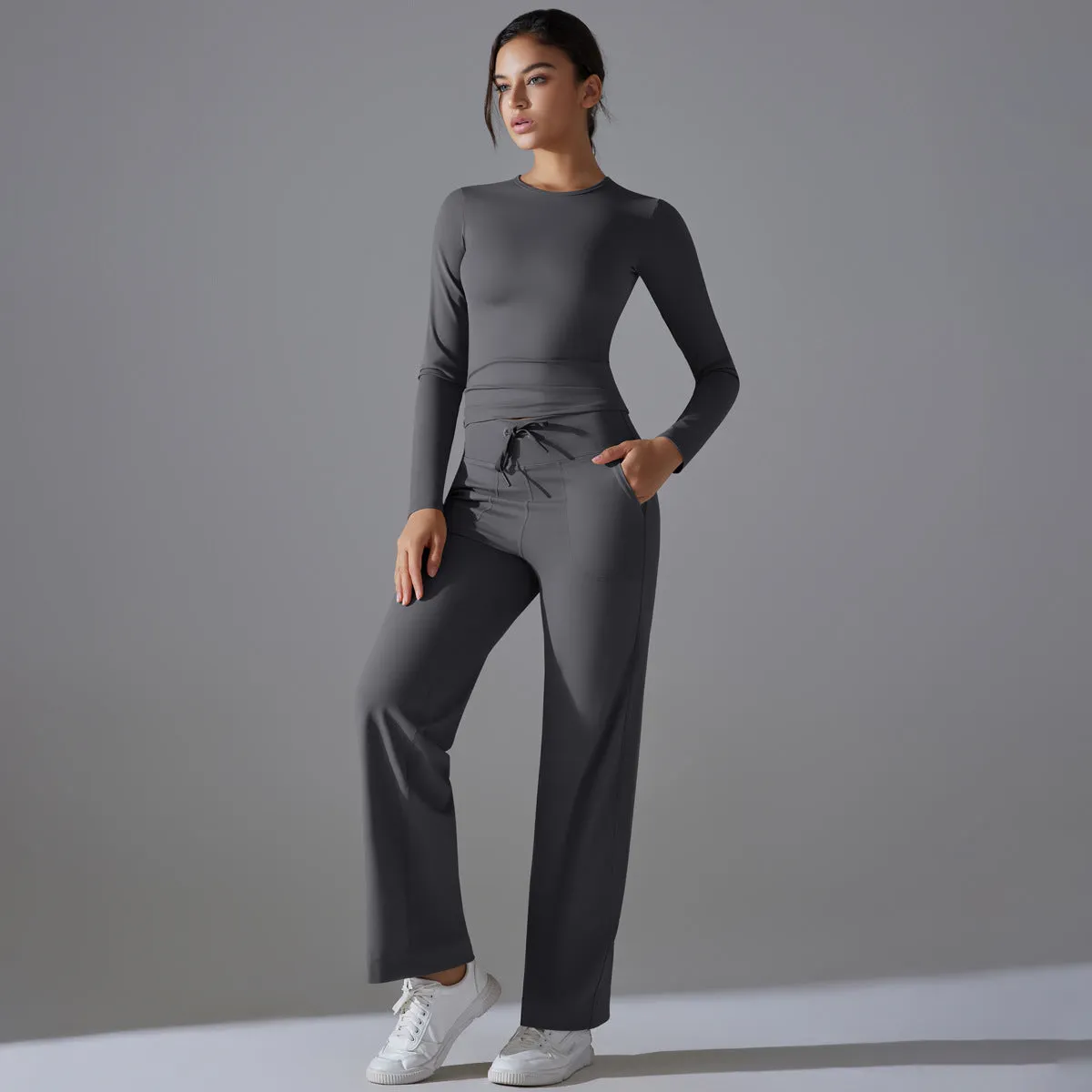 Nude Feel Long Sleeve Drawstring Wide Leg Pants Set