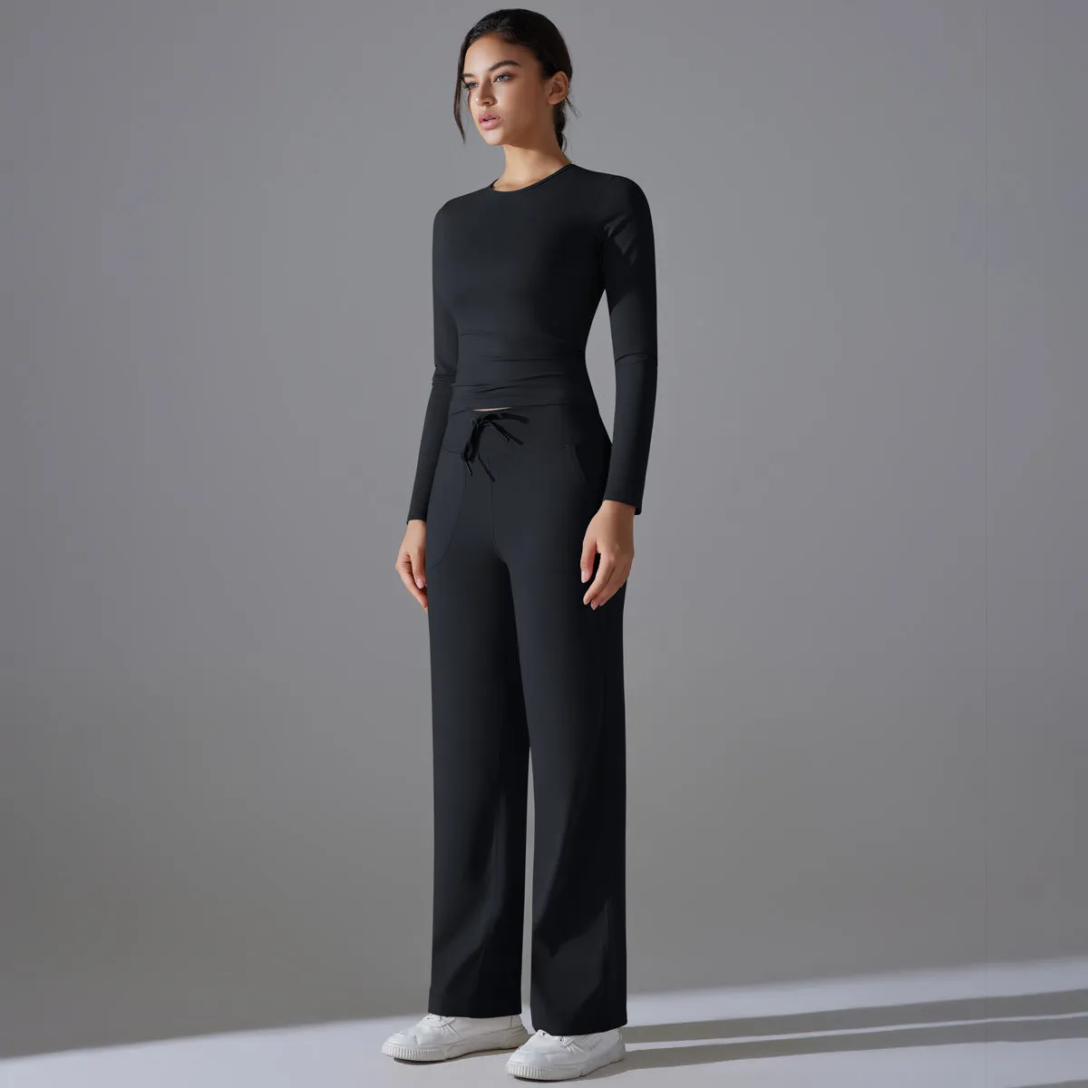 Nude Feel Long Sleeve Drawstring Wide Leg Pants Set