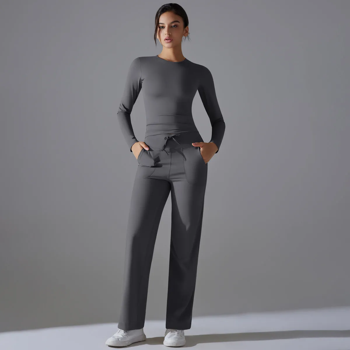 Nude Feel Long Sleeve Drawstring Wide Leg Pants Set