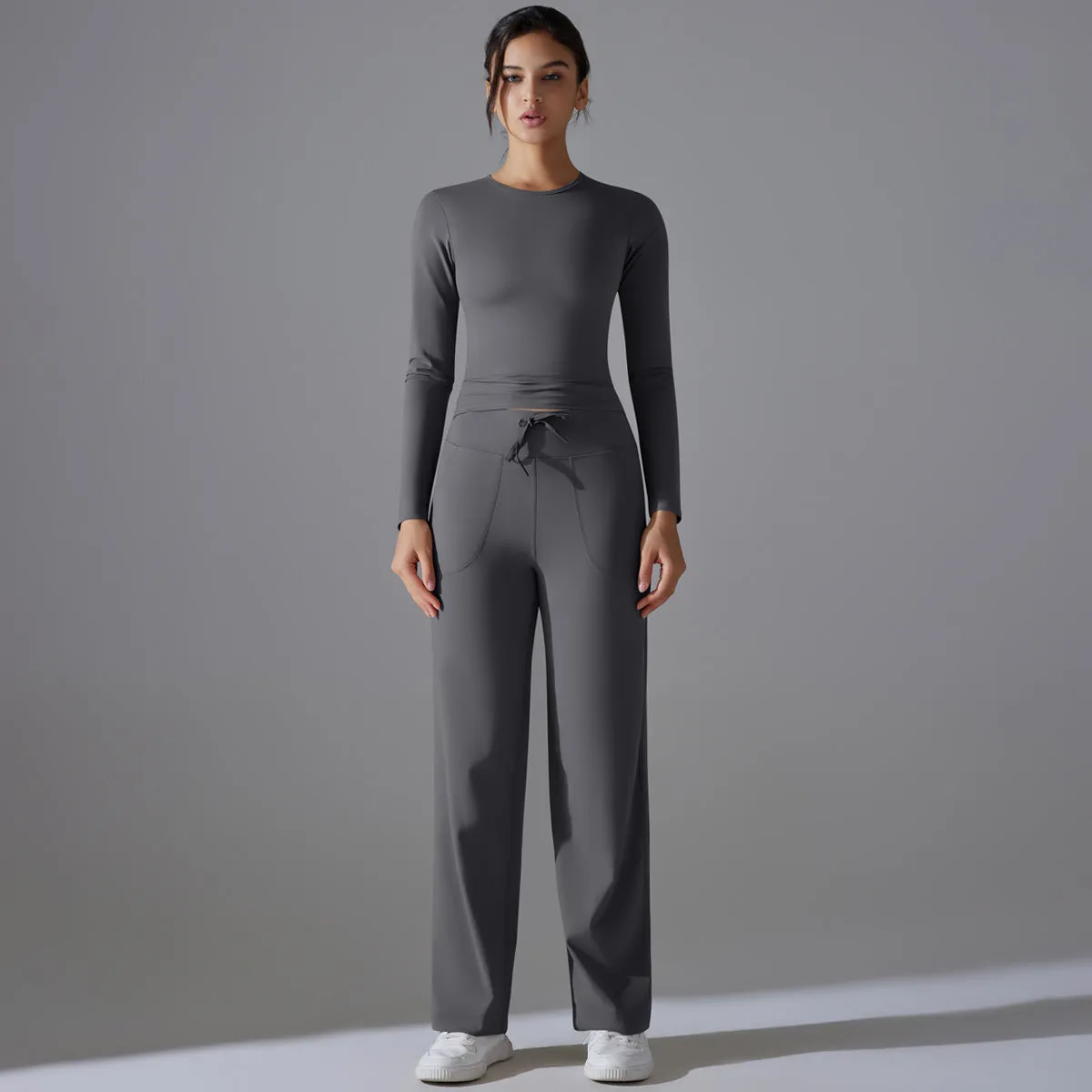 Nude Feel Long Sleeve Drawstring Wide Leg Pants Set