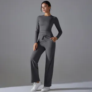 Nude Feel Long Sleeve Drawstring Wide Leg Pants Set