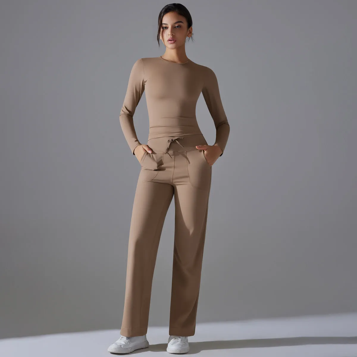 Nude Feel Long Sleeve Drawstring Wide Leg Pants Set