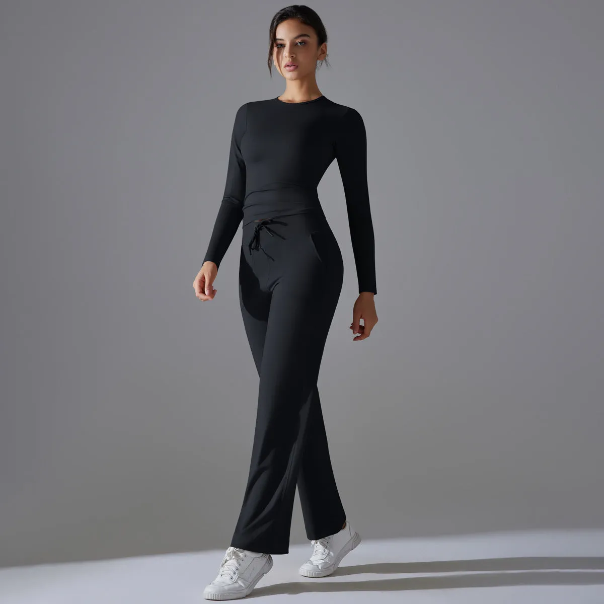 Nude Feel Long Sleeve Drawstring Wide Leg Pants Set