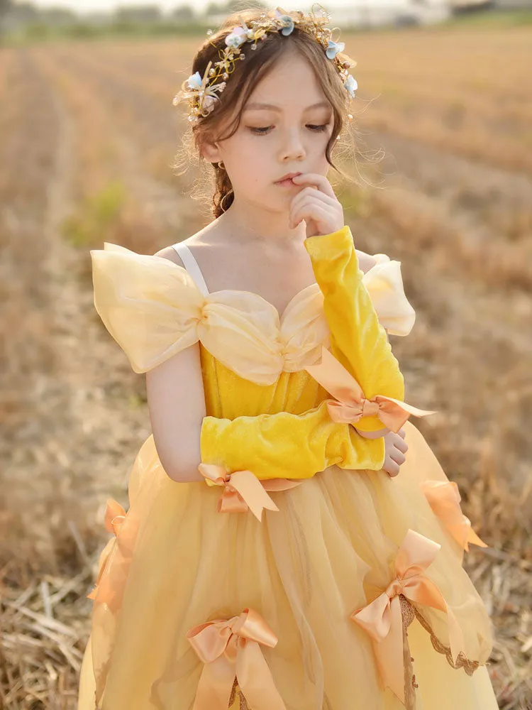 Off The Shoulder Korean Velvet Sleeveless Ankle Length A-line Pleated Formal Kids Princess Dresses