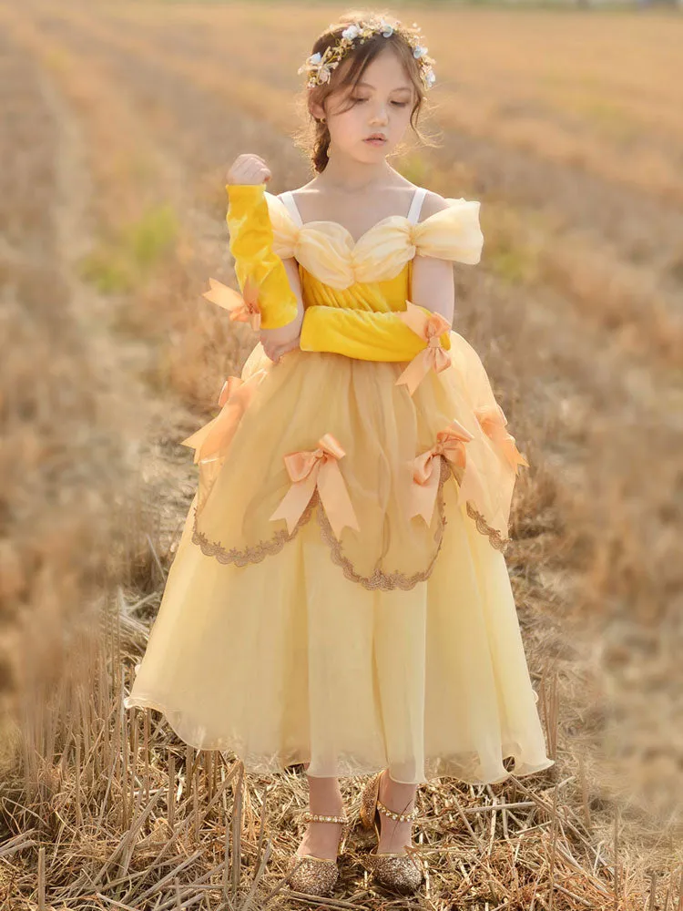 Off The Shoulder Korean Velvet Sleeveless Ankle Length A-line Pleated Formal Kids Princess Dresses