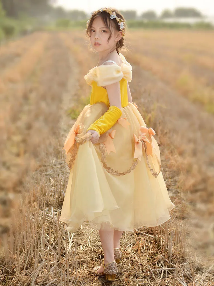 Off The Shoulder Korean Velvet Sleeveless Ankle Length A-line Pleated Formal Kids Princess Dresses