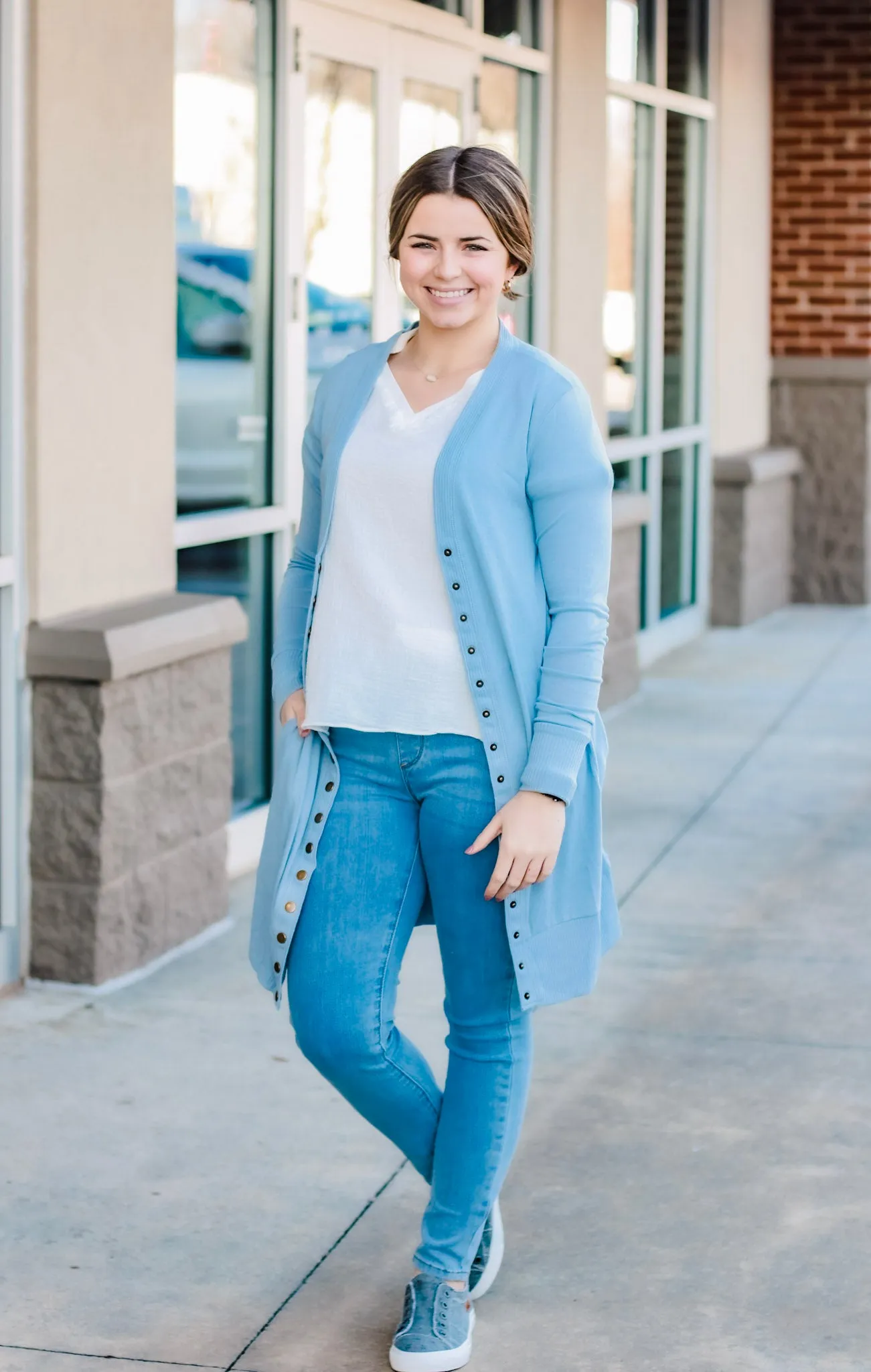 Oh Snap Cardigan in Ash Blue