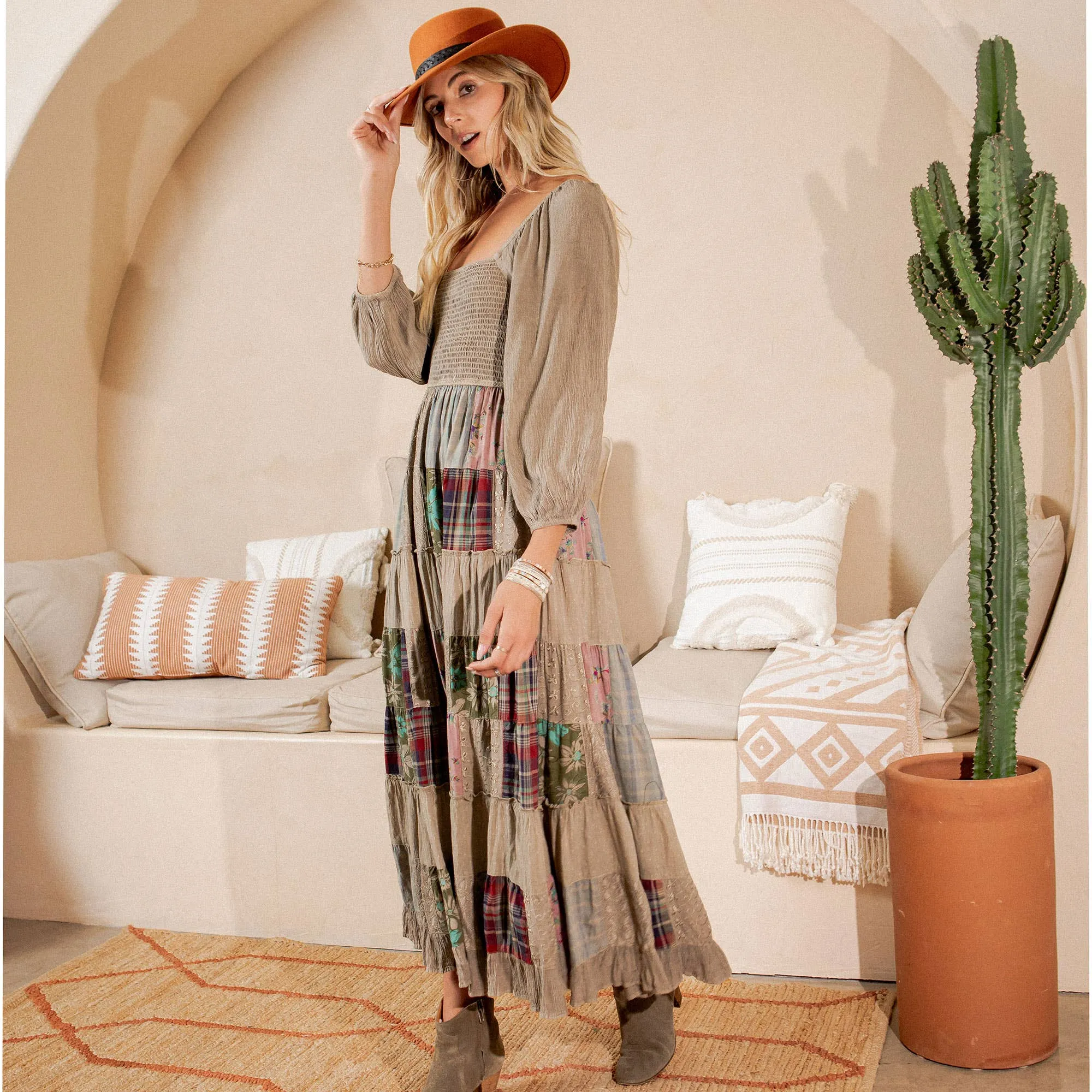 Olive Smocked Patchwork Maxi Dress