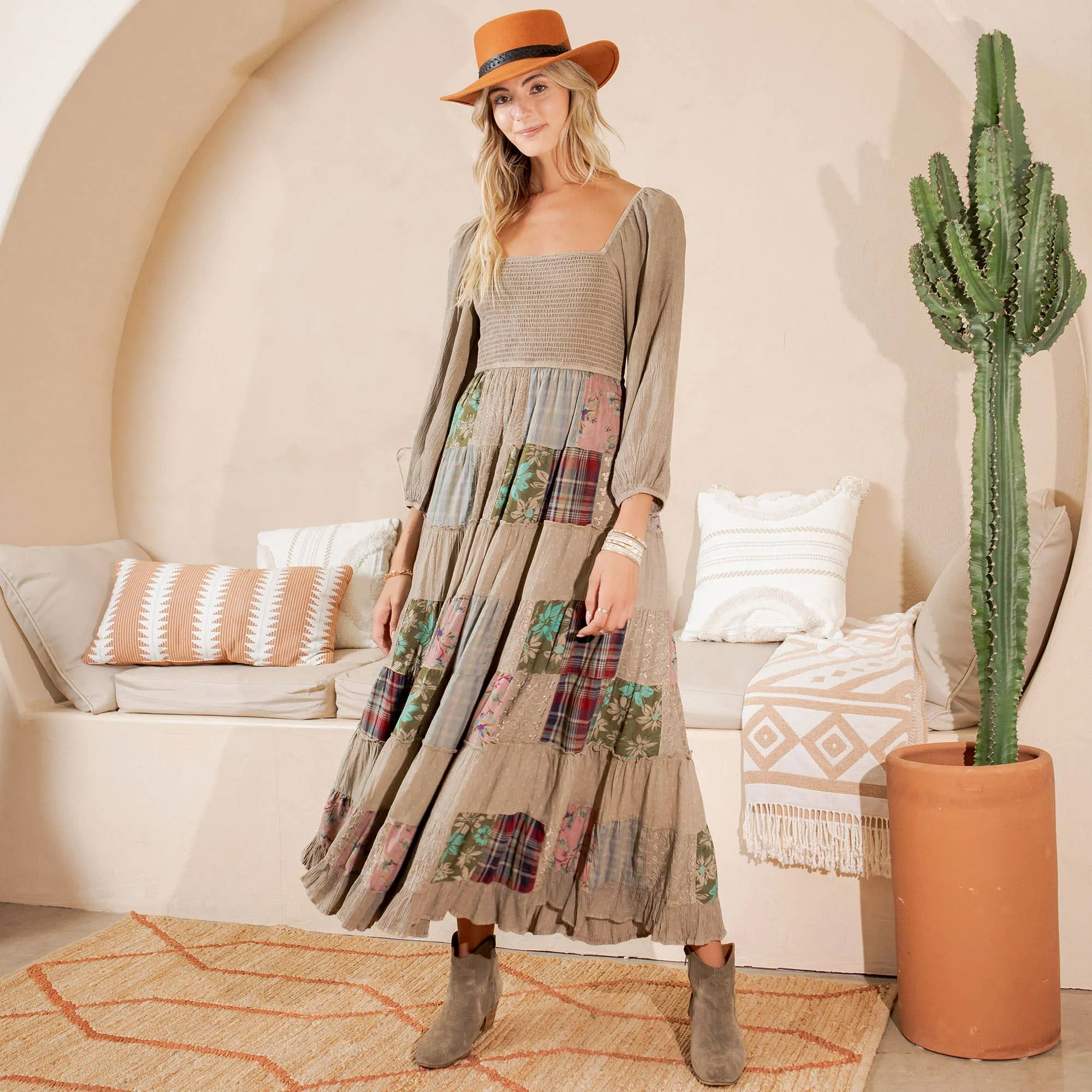 Olive Smocked Patchwork Maxi Dress