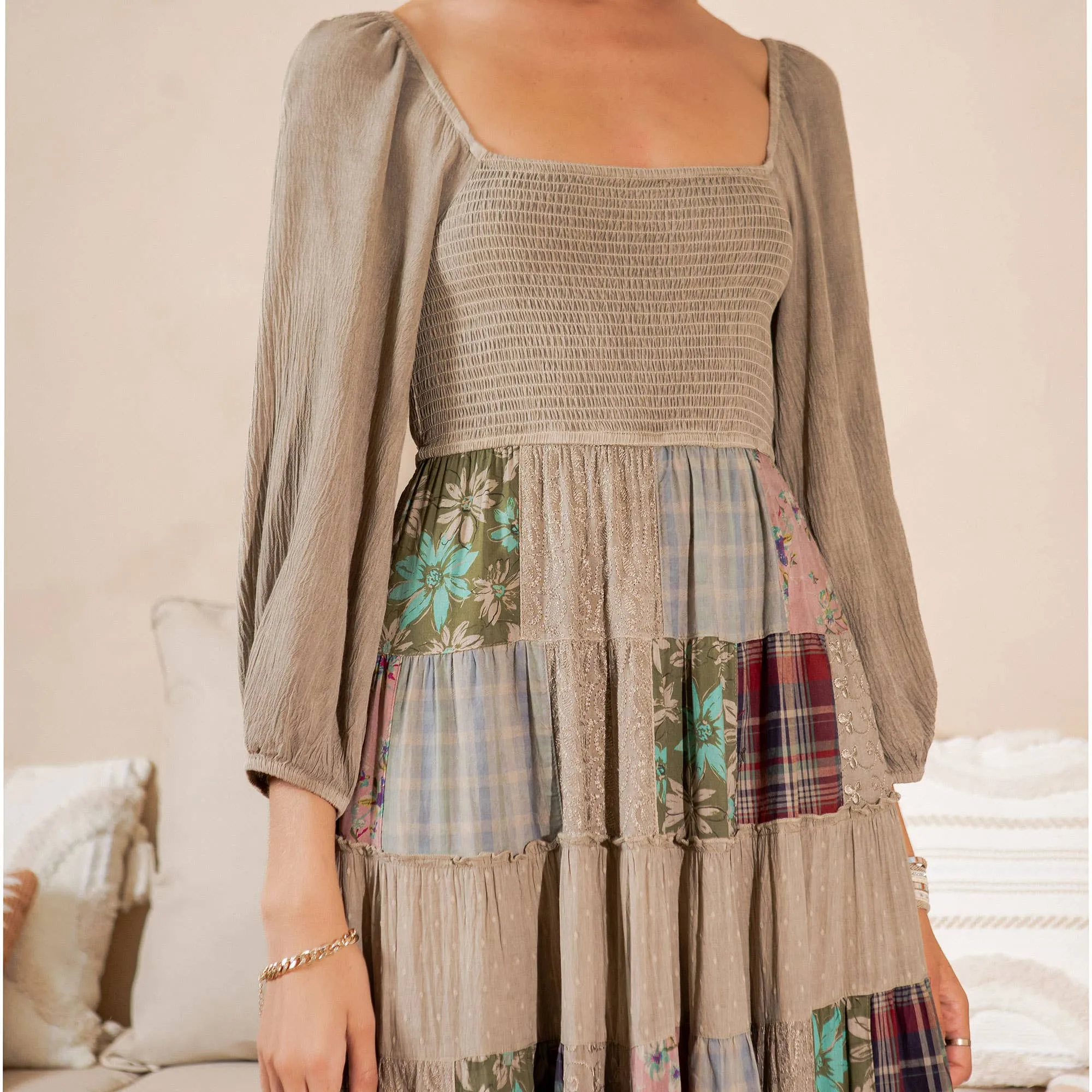 Olive Smocked Patchwork Maxi Dress