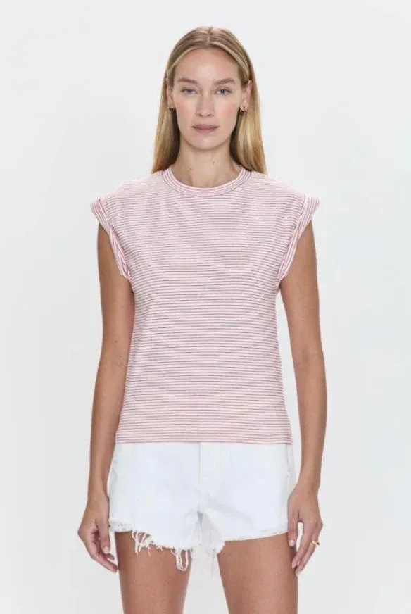 Olivia Rolled Sleeve Tee White/Ruby Stripe Pistola