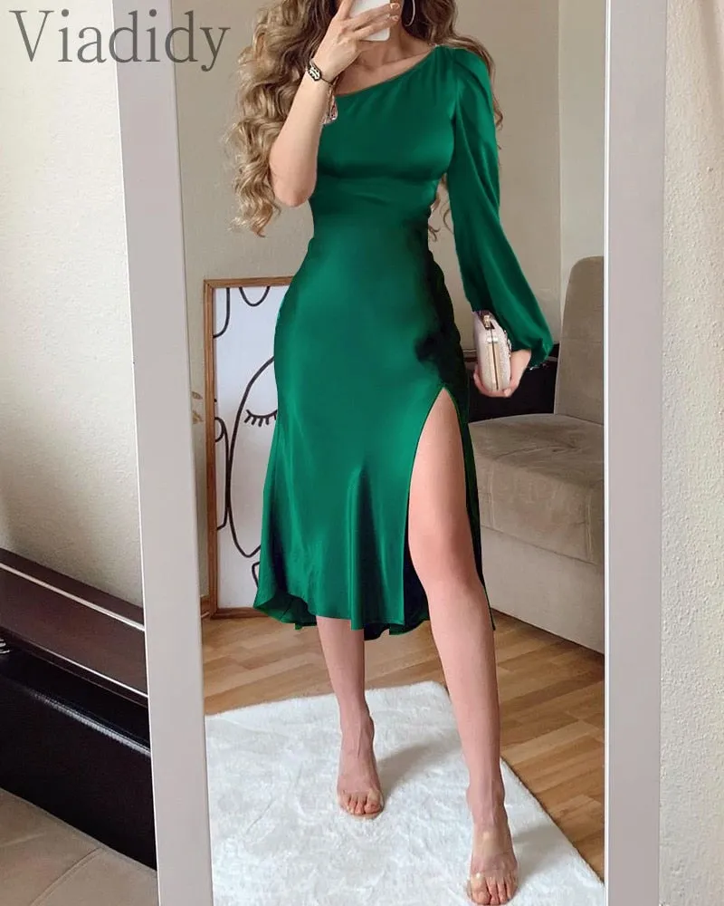 One Shoulder Side Slit Lantern Sleeve Satin Dress
