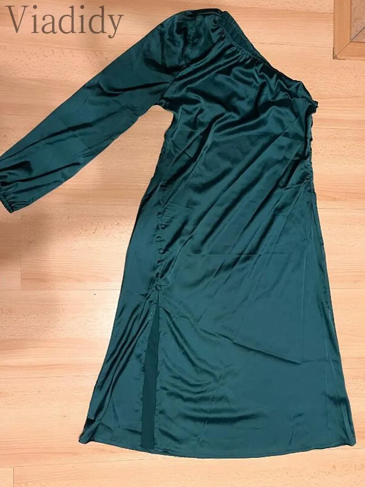 One Shoulder Side Slit Lantern Sleeve Satin Dress