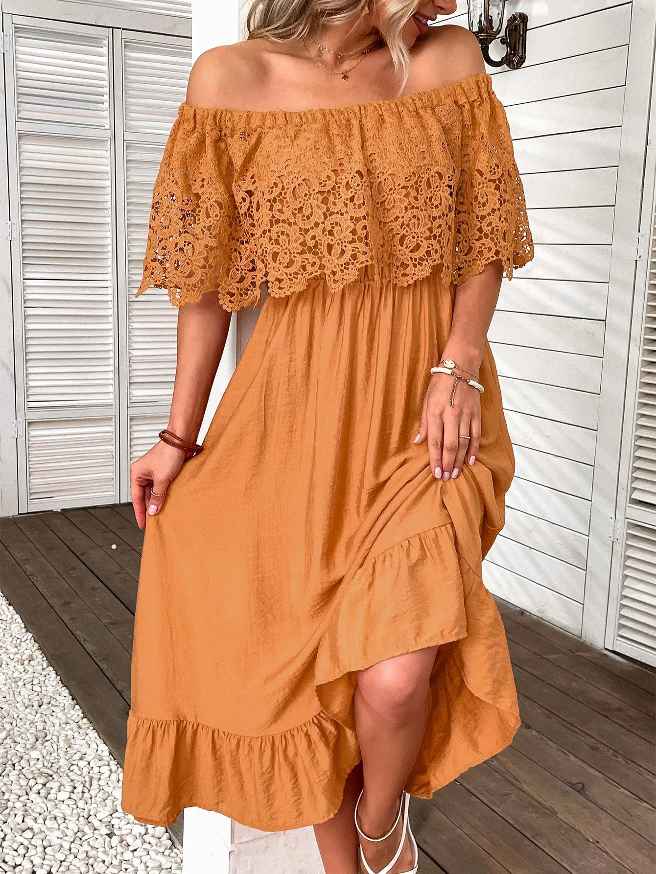 Orange Off Shoulder Dress With Lace