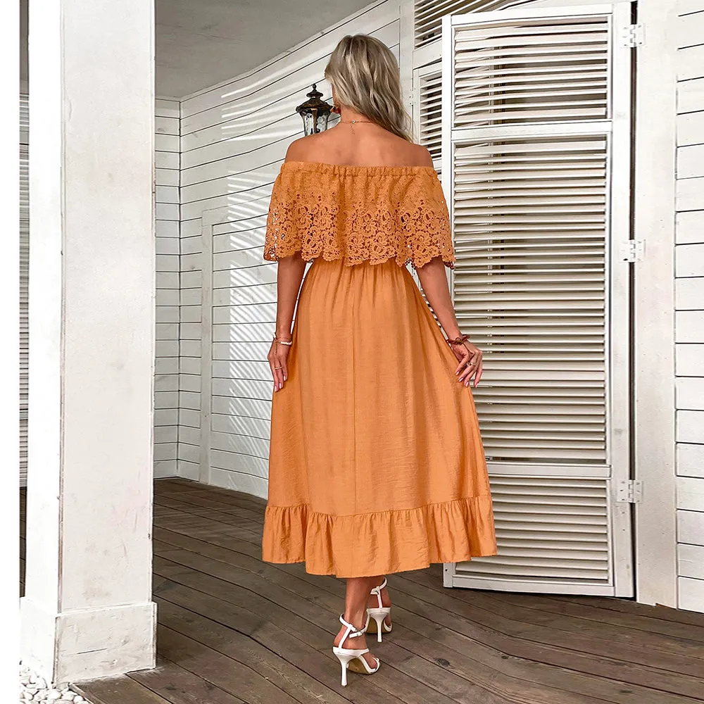 Orange Off Shoulder Dress With Lace