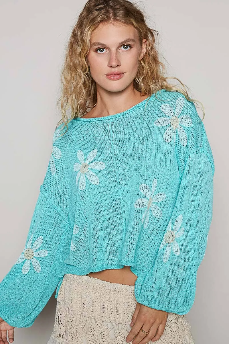 Paradise Mint Round neck balloon sleeve floral prints POL Sweater