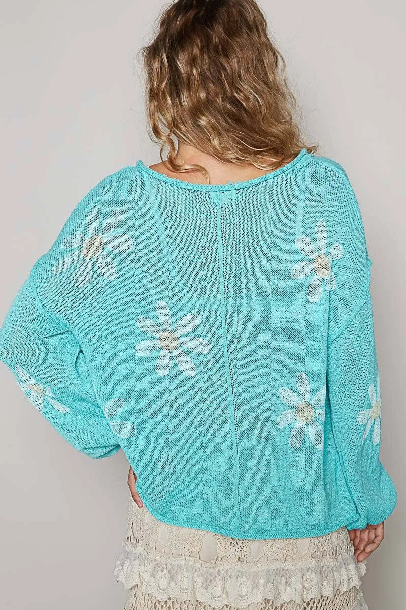 Paradise Mint Round neck balloon sleeve floral prints POL Sweater