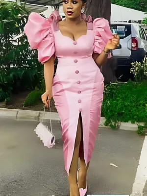 Party Sexy Pink Dresses Women High Slit Short Puff Sleeve Button Robes Celebrate Homecoming Event Outfits Summer Vestidos