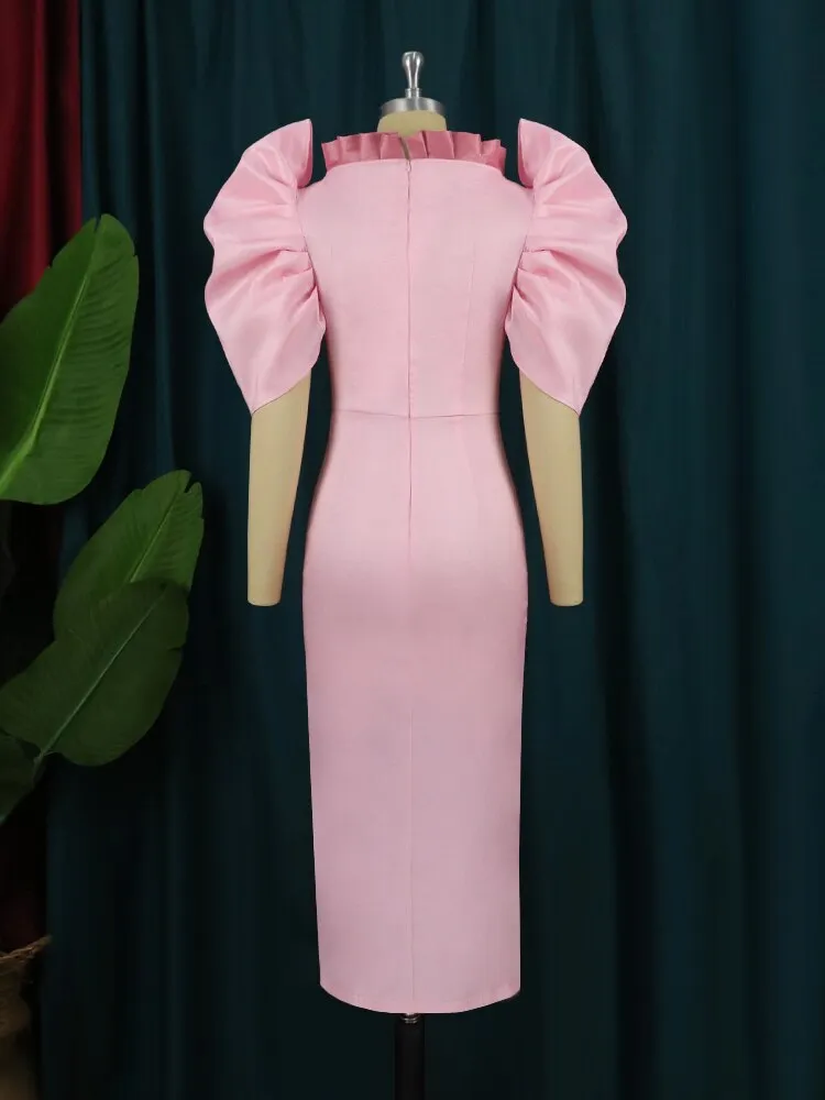 Party Sexy Pink Dresses Women High Slit Short Puff Sleeve Button Robes Celebrate Homecoming Event Outfits Summer Vestidos