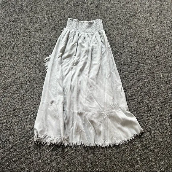 Pastel Baby Blue High Waisted Stretch Midi Maxi Ruffle Frayed Hem Modest Skirt L