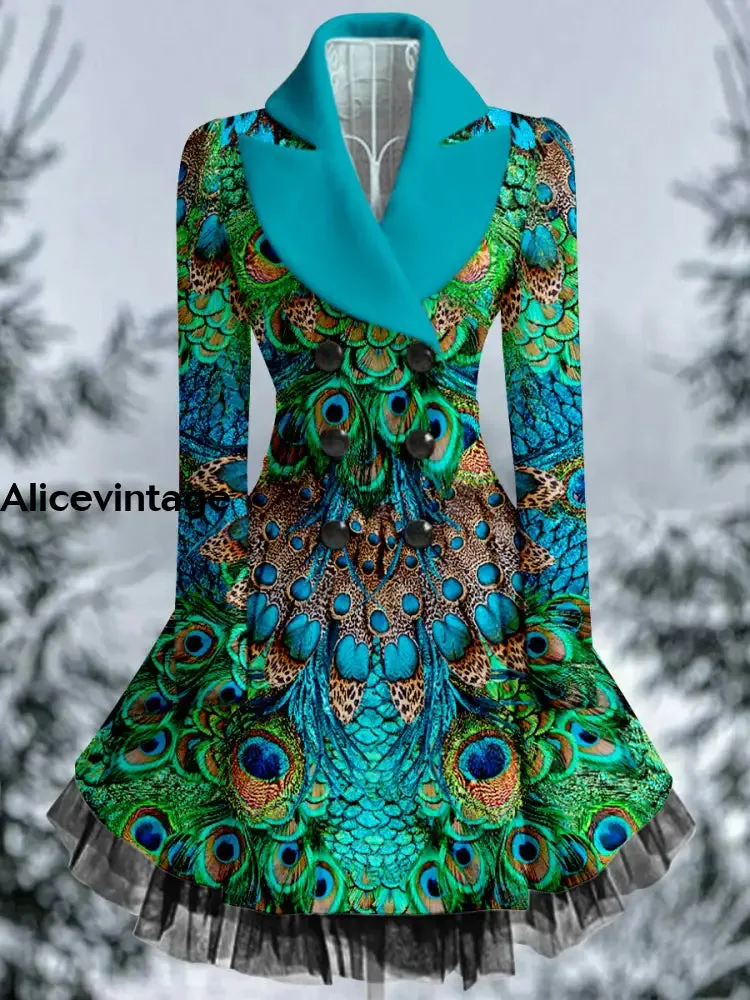 Peacock Feather Print Vintage Elegant Lapel V-Neck Button Up Long Sleeve Coat Dress