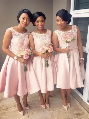 pink bridesmaid dresses 2020 knee length lace appliqué sleeveless satin custom wedding guest dress