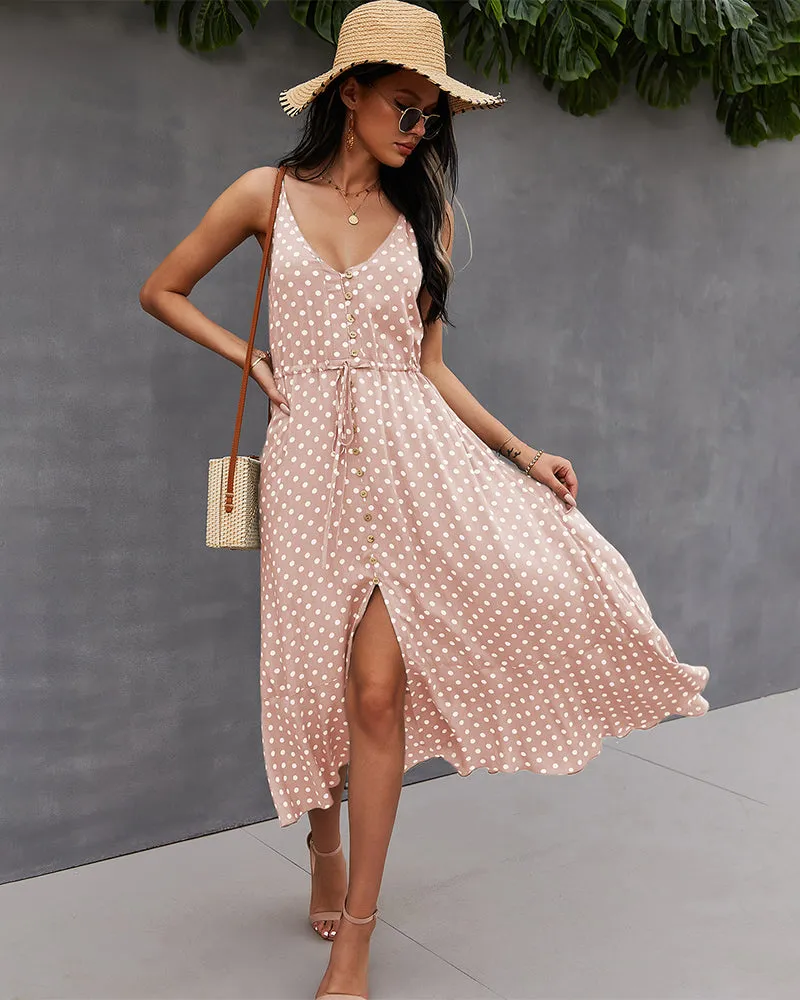 Pink Front Buttoned Midi A-Line Dress