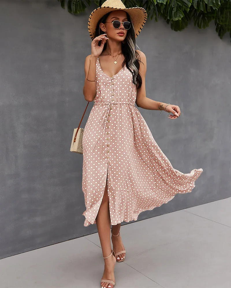 Pink Front Buttoned Midi A-Line Dress