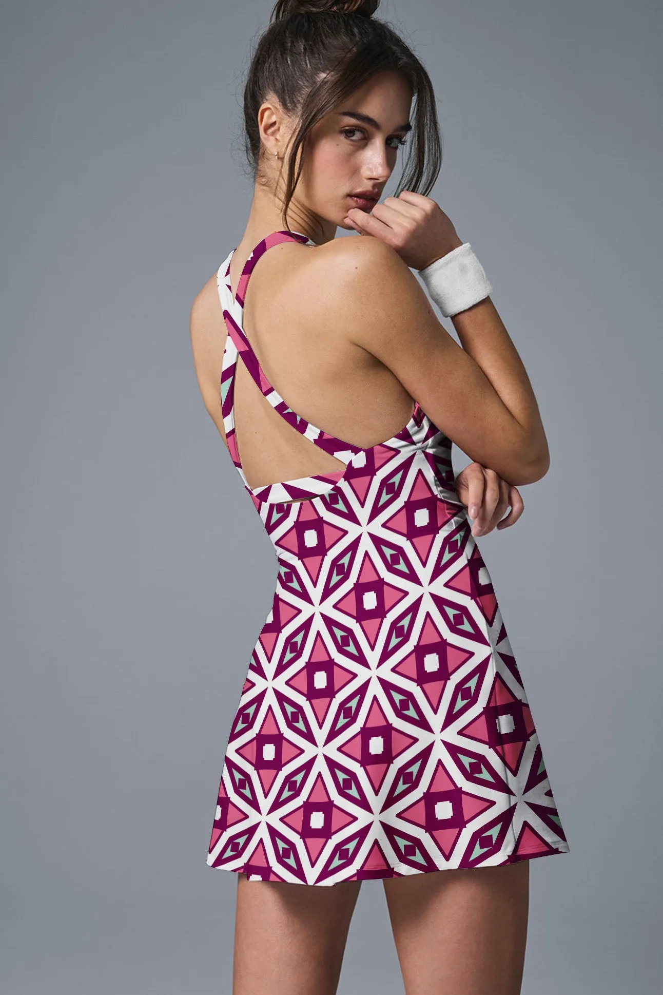 Pink Momentum Power Dress – Women's Racerback Tennis Dress with Geometric Print