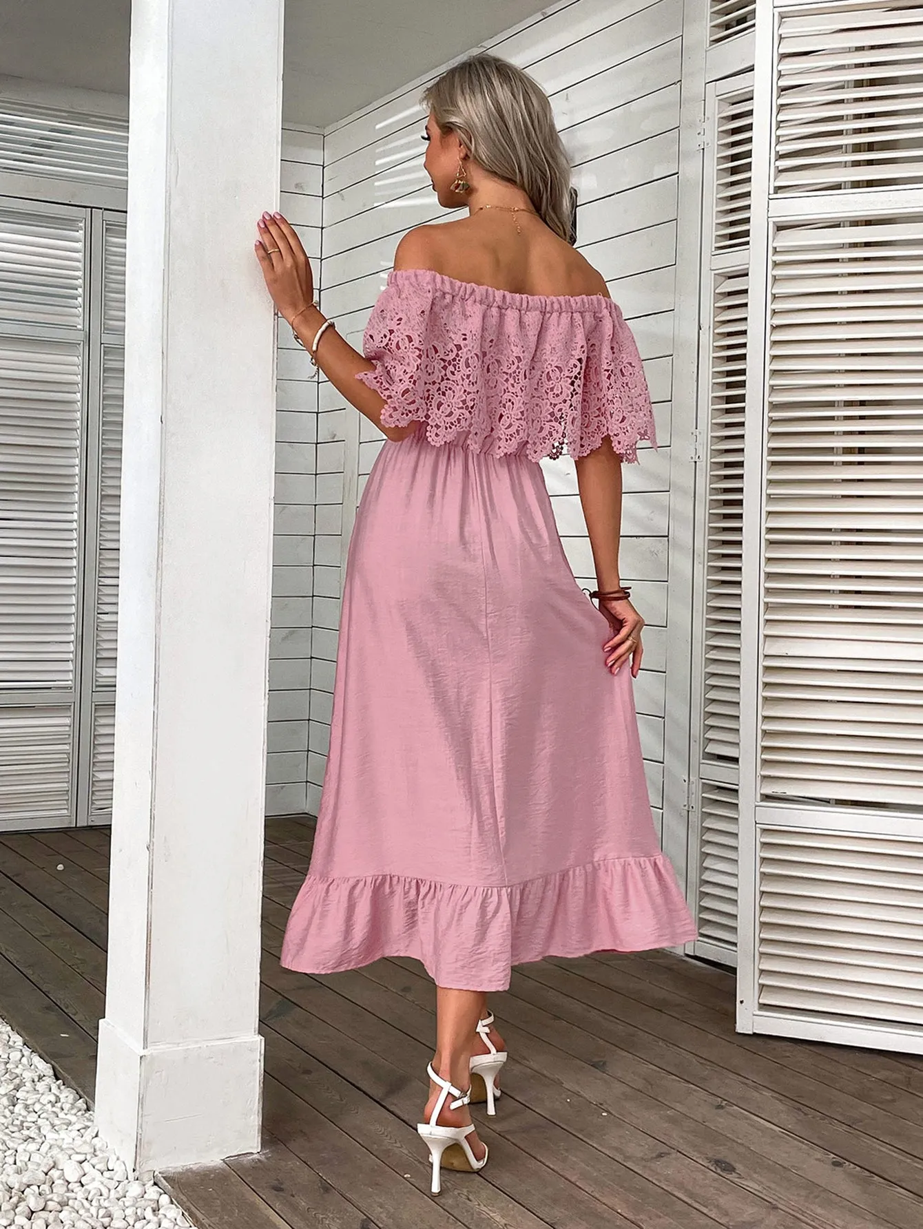 Pink Off Shoulder Dress With Lace