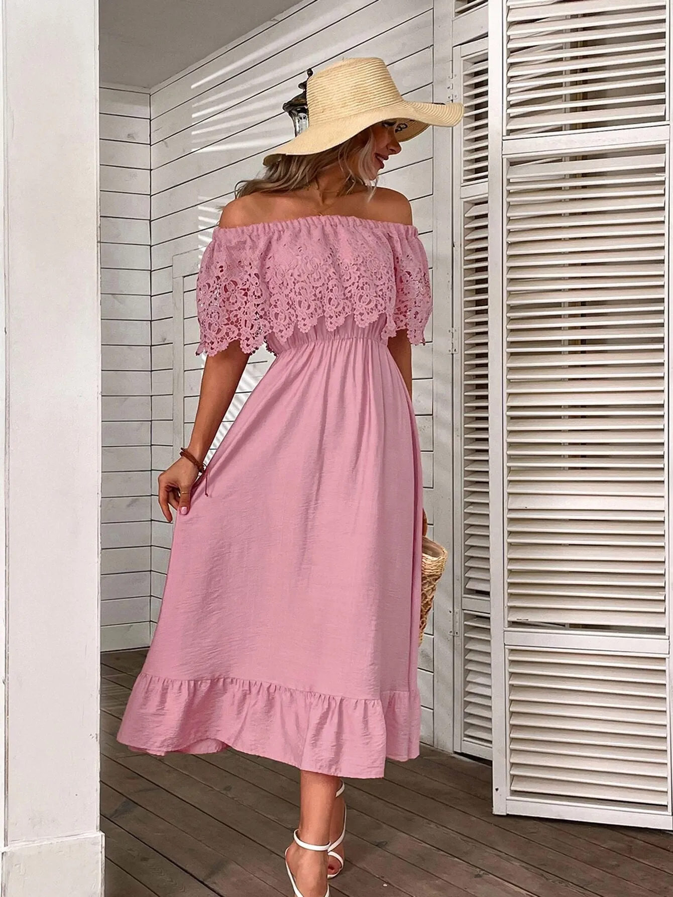 Pink Off Shoulder Dress With Lace
