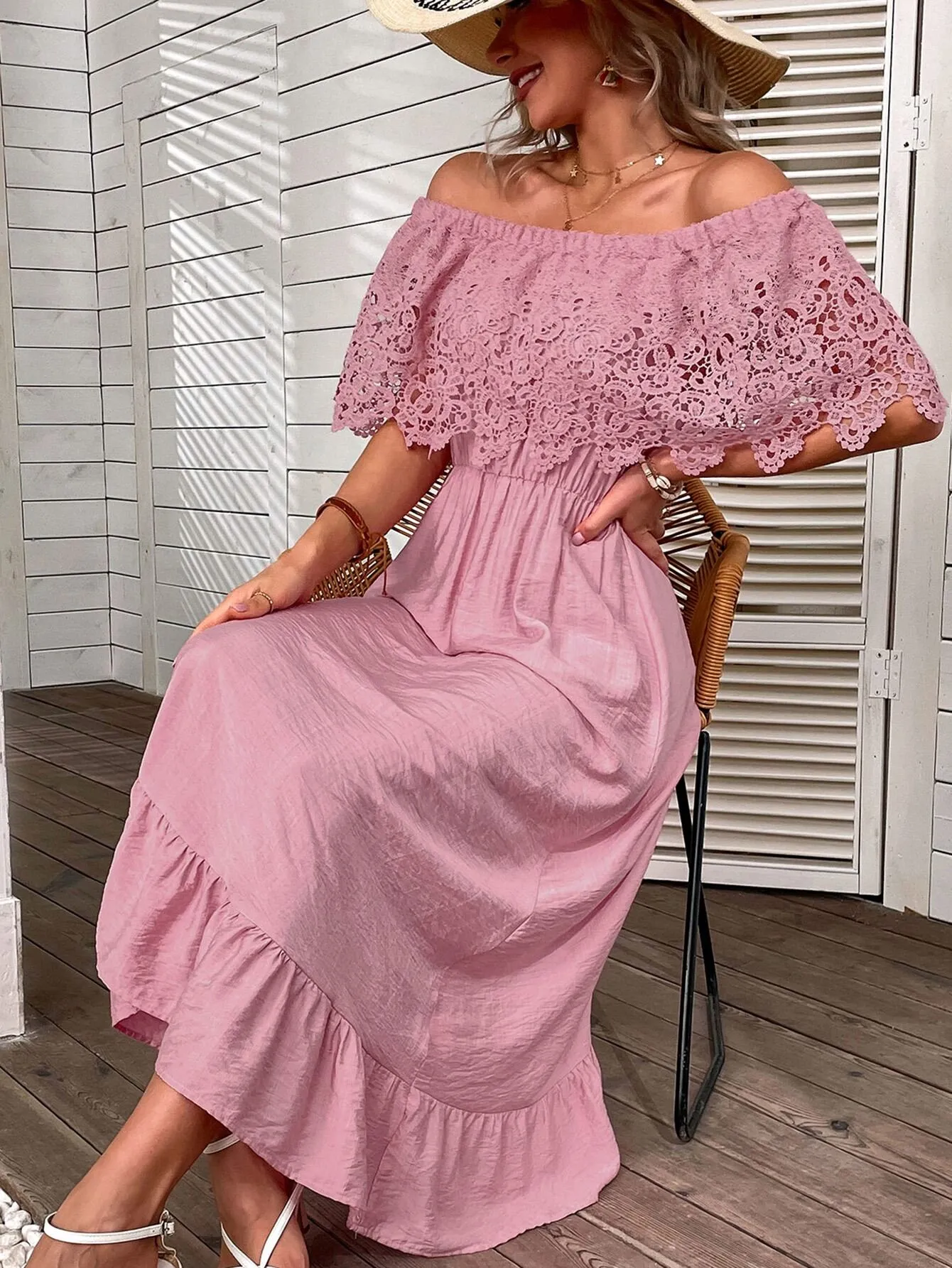 Pink Off Shoulder Dress With Lace