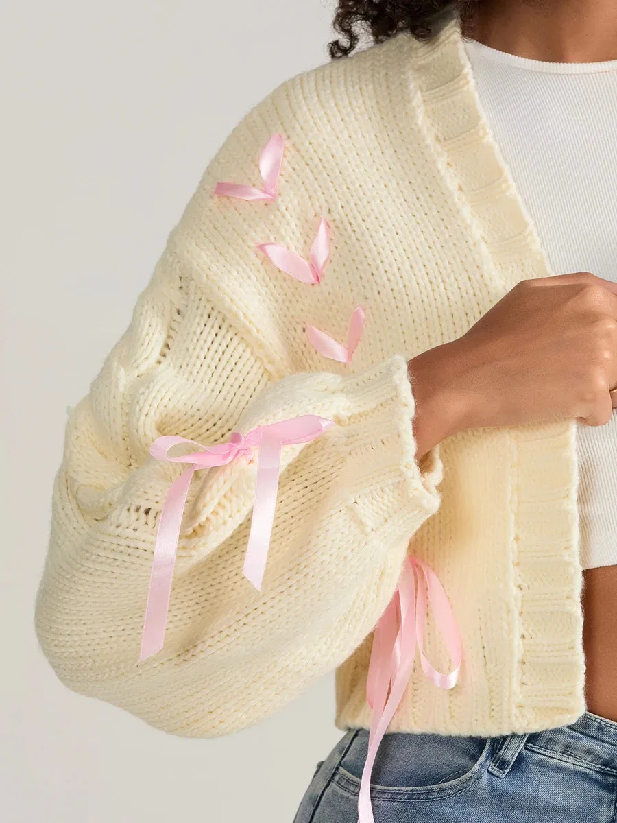 Pink Ribbons Knitted Cardigan Sweater