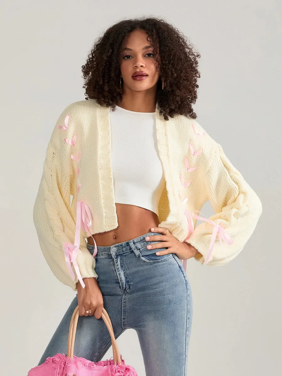 Pink Ribbons Knitted Cardigan Sweater